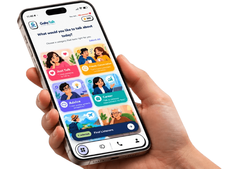 Hand holding a phone with the Gaby Talk app
